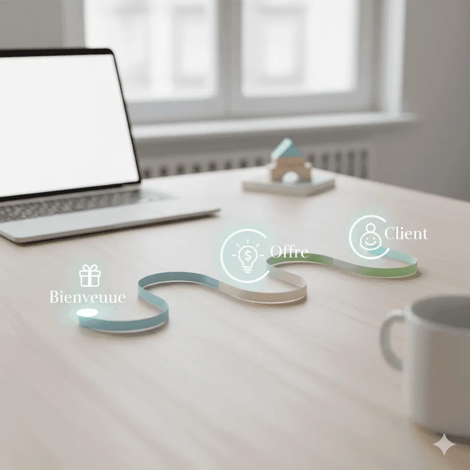Tunnel de vente simple schématisé sur un bureau : un ruban relie Bienvenue, Offre et Client