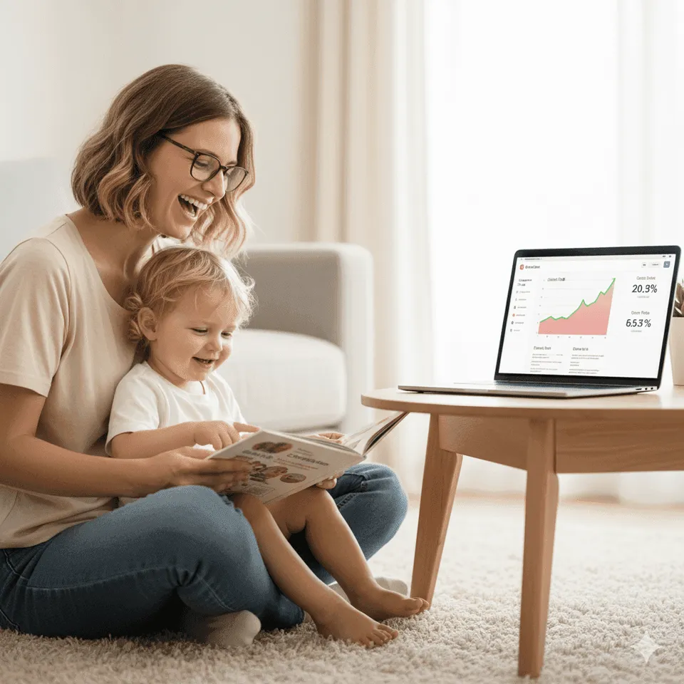 Une maman lit un livre avec son enfant pendant que son ordinateur affiche les résultats de ses emails automatisés