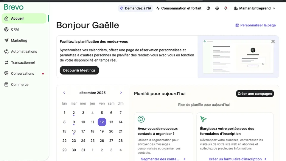 Tableau de bord Brevo du compte Maman Entreprend, avec le raccourci pour créer un formulaire d'inscription à la newsletter