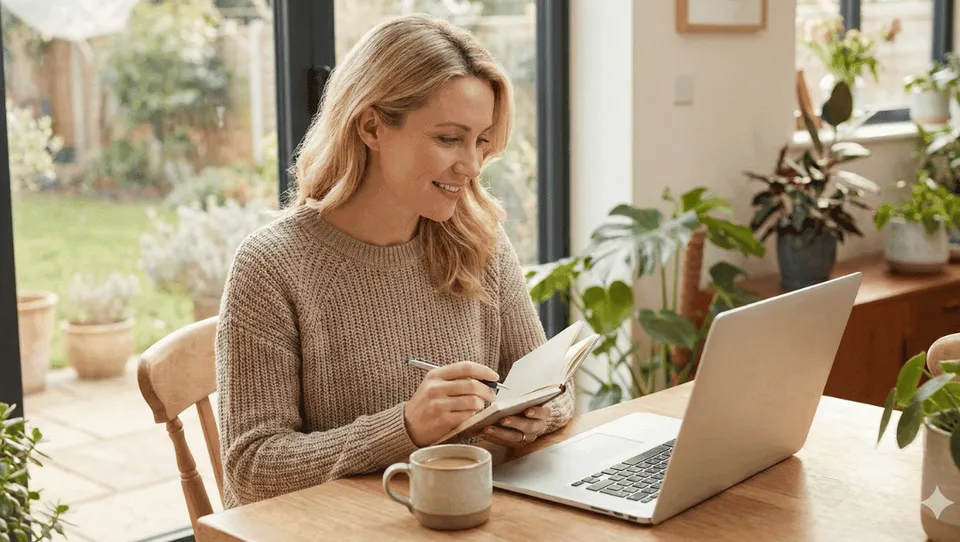 Email marketing débutant : une maman entrepreneure souriante prend des notes devant son ordinateur portable