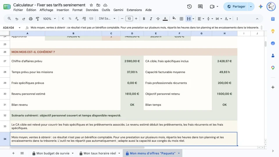 Aperçu du calculateur Google Sheets du kit tarifaire