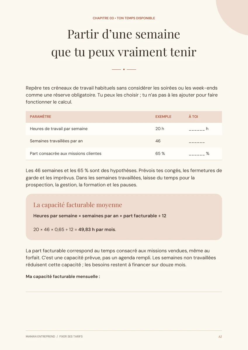 Extrait page 12 : estimer sa capacité facturable à partir de son temps disponible