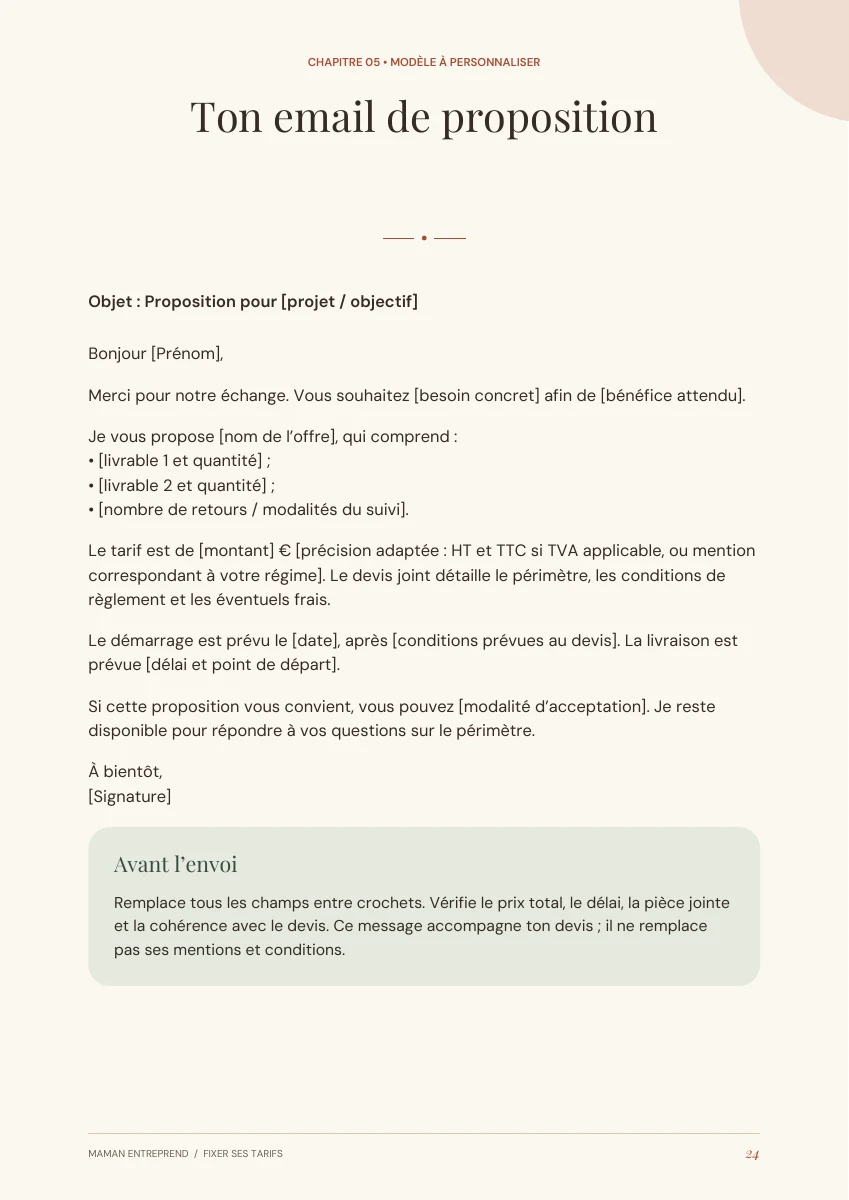 Extrait page 24 : le modèle d’email de proposition à personnaliser