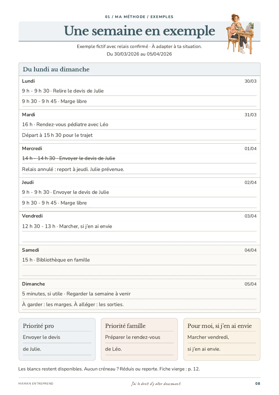 Page 8 du planner : exemple fictif de semaine remplie avec un imprévu et un report
