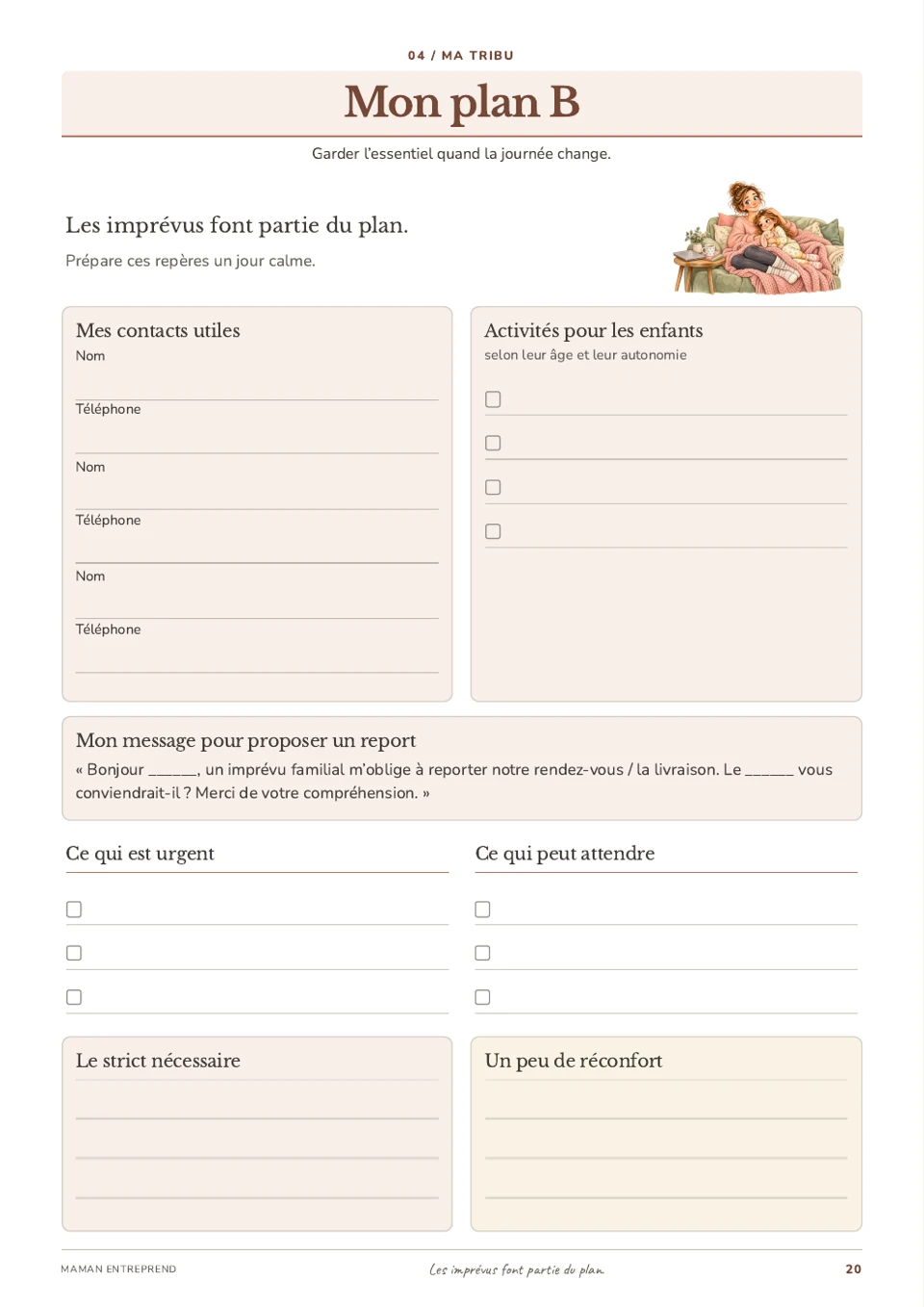 Page 20 du planner : Mon plan B, contacts utiles, priorités et message de report