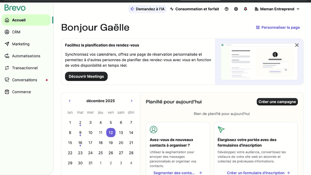 interface brevo maman entrepreneure